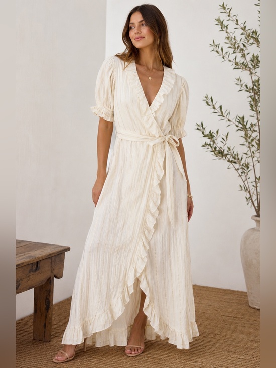 Dresses & Skirts - Kate Leigh Railroad Wrap Maxi Dress Cream Gold Stripe Ruffle Cotton USA S